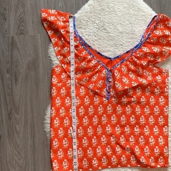 J. Crew Classic Floral Block Ruffle V Neck Orange Summer Top Size Small - Picture 15 of 16